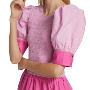 NWT Ganni Colorblock Poplin Cotton Mini Dress in Pink L DK40 $255